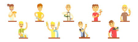 Man Bartender Character Pouring and Serving Alcoholic Drink at Counter Vector Setのイラスト素材