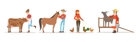 People Farmer Character Breeding Animal and Livestock Vector Setのイラスト素材