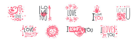 Love You Pink Sticker for Valentine Day Holiday Vector Setのイラスト素材