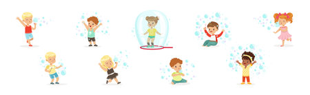 Funny Boy and Girl Playing with Soap Bubbles Vector Setのイラスト素材