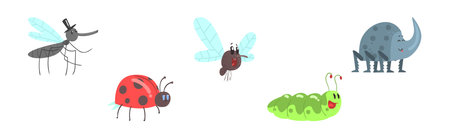 Funny Insect Character with Smiling Face Vector Setのイラスト素材