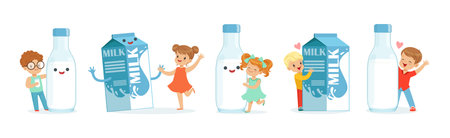 Little Children and Humanized Milk in Bottle and Carton Vector Setのイラスト素材