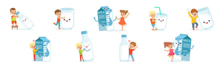 Little Children and Humanized Milk in Bottle and Carton Vector Setのイラスト素材