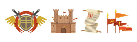 Medieval Object with Castle, Manuscript, Flag and Coat of Arms Vector Set