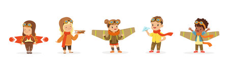 Kids in Pilot Costumes and Toy Plane Playing and Have Fun Vector Setのイラスト素材