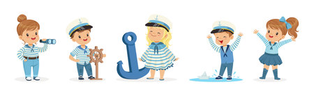 Little Children Sailor in Striped Shirt and Cap Vector Setのイラスト素材