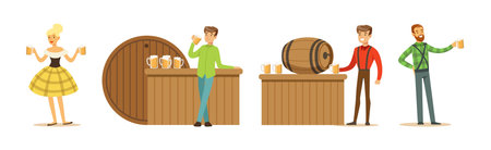 Man Character with Beer Relaxing at Pub or Bar and Woman Waitresses Vector Setのイラスト素材