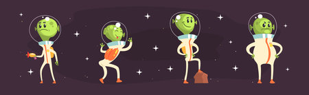 Cute Alien Green Character In Space Suit Vector Setのイラスト素材