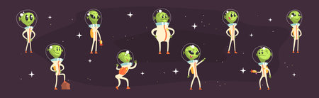Cute Alien Green Character In Space Suit Vector Setのイラスト素材