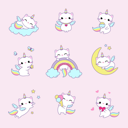 Cat Unicorn Character with Rainbow Tail and Horn Vector Setのイラスト素材