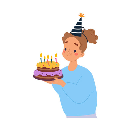 Celebrating Woman Character in Hat with Cake Rejoice and Cheering Vector Illustrationのイラスト素材