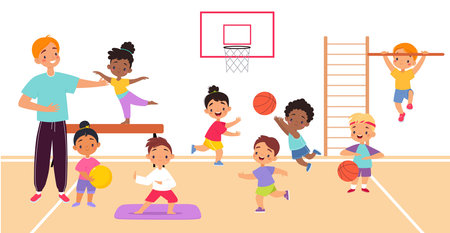 Children Trainer Teach Sport Lesson with Little Kids Vector Illustrationのイラスト素材