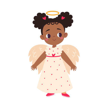 Girl Character in Angel Costume Celebrate Christmas Holiday at Winter Vector Illustrationのイラスト素材