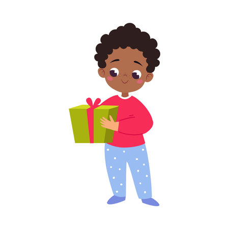 Boy Character with Gift Box Celebrate Christmas Holiday at Winter Vector Illustrationのイラスト素材