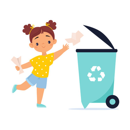 Ecology with Girl Character Throw Garbage in Recycle Bin Save Planet Vector Illustrationのイラスト素材