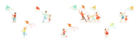 Parent and Kid Flying Kite with String in the Air Vector Setのイラスト素材