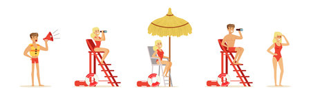 Beach Rescue Man and Woman Character Performing Duties Vector Setのイラスト素材
