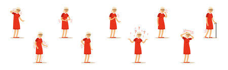Elderly Woman Character Suffer from Ache in Different Body Part Vector Setのイラスト素材
