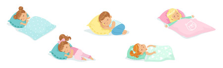 Adorable Little Sleeping Boy and Girl Character Covered with Blanket on Soft Pillow Vector Setのイラスト素材
