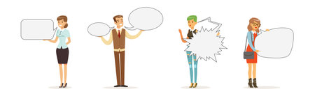People Characters Holding Empty Speech Bubble Vector Illustration Setのイラスト素材