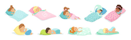 Adorable Little Sleeping Boy and Girl Character Covered with Blanket on Soft Pillow Vector Setのイラスト素材