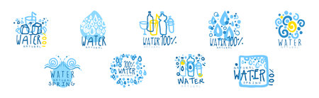 Natural Water and Blue Liquid Label and Sticker Design Vector Setのイラスト素材