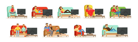People Character Watching TV Sitting on Sofa and Armchair in Living Room Vector Setのイラスト素材