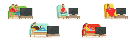 People Character Watching TV Sitting on Sofa and Armchair in Living Room Vector Setのイラスト素材