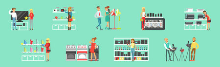 Smiling People Character In Electronic Store Shopping Vector Setのイラスト素材