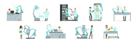 Artificial Intelligence with Man and Woman Scientists in Laboratory Working on Innovations Vector Setのイラスト素材