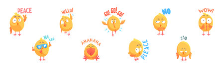 Baby Chick Say Word with Emotion and Inscription Vector Setのイラスト素材