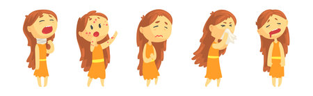 Little Girl Sick Feel Unwell Have Disease Symptom Vector Setのイラスト素材
