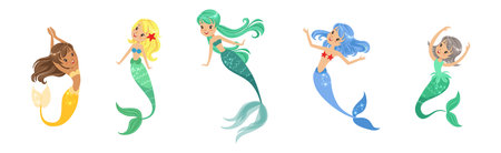 Cute Girl Mermaid Character with Female Body and Fish Tail Vector Setのイラスト素材