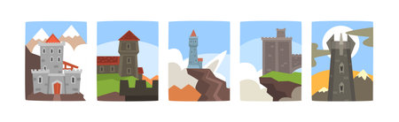 Stone Castle with Tower and Castellation Walls Vector Setのイラスト素材