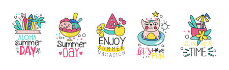 Summer Day Chill and Relax Sticker with Inscription Vector Setのイラスト素材