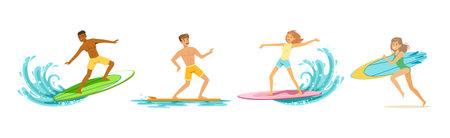 Man and Woman Surfer Ride Ocean Wave on Surfboard Vector Setのイラスト素材