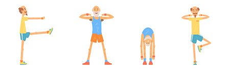 Funny Senior Man Character Exercising and Workout Vector Setのイラスト素材