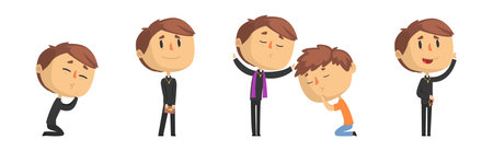 Funny Catholic Man Priest with Cross and Bible Vector Setのイラスト素材