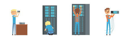 Funny Male Sysadmin Character Work with Server Vector Set