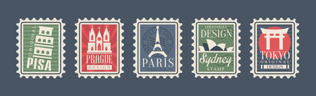 Postage Stamps with City and Country Landmark Vector Setのイラスト素材