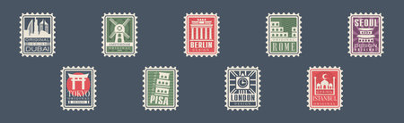 Postage Stamps with City and Country Landmark Vector Setのイラスト素材