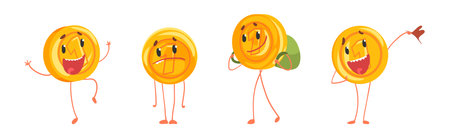 Funny Coin Humanized Character with Arm and Legs Vector Setのイラスト素材