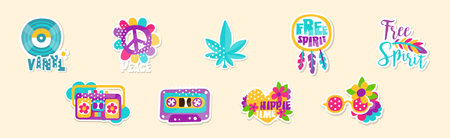 Hippie Sticker and Retro Patches Colorful Vector Setのイラスト素材