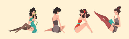 Seductive Pin Up Girls in Sexy Clothing Posing Vector Setのイラスト素材