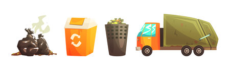Street Garbage Gather and Collect Object Vector Setのイラスト素材