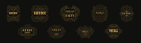 Retro Vintage Style Party Golden Label and Insignia on Black Background Vector Setのイラスト素材