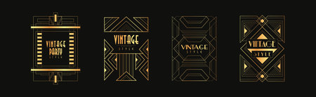 Retro Vintage Style Party Golden Label and Insignia on Black Background Vector Setのイラスト素材