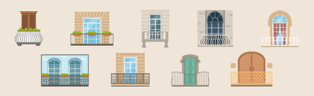 Balcony with Windows Front View and Exterior Vector Setのイラスト素材
