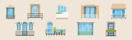 Balcony with Windows Front View and Exterior Vector Setのイラスト素材