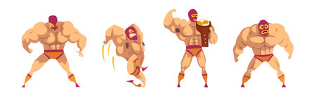 Muscular Man Wrestler in Different Pose and Action Vector Setのイラスト素材